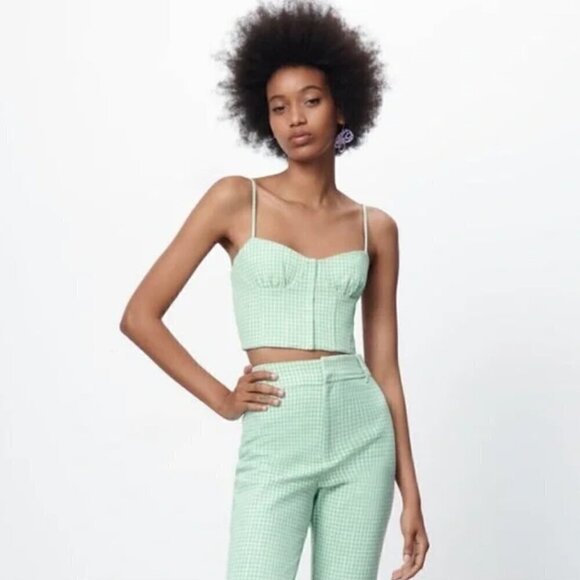 Zara Gingham Corset Bustier Top M Plaid Hook Spring Summer Blogger Fav Mint Trip - Picture 8 of 12
